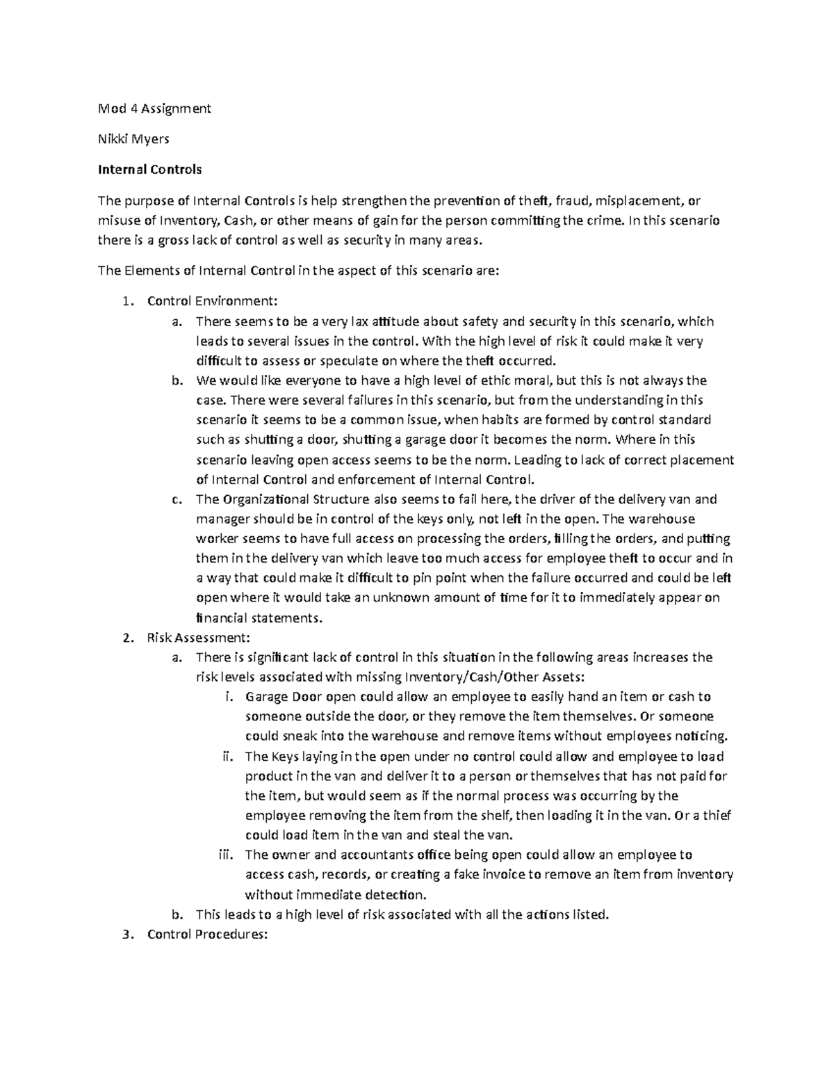 Mod 4 Assignment - Mod 4 Assignment Nikki Myers Internal Controls The 