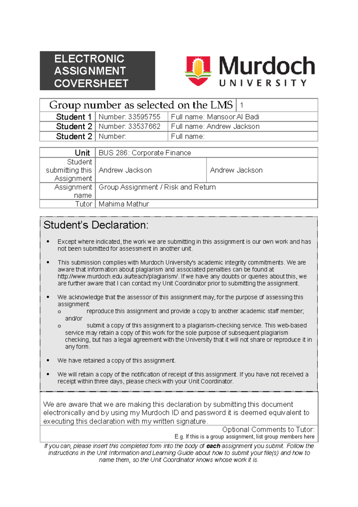 BUS286 Group Assignment - ELECTRONIC ASSIGNMENT COVERSHEET Group number ...