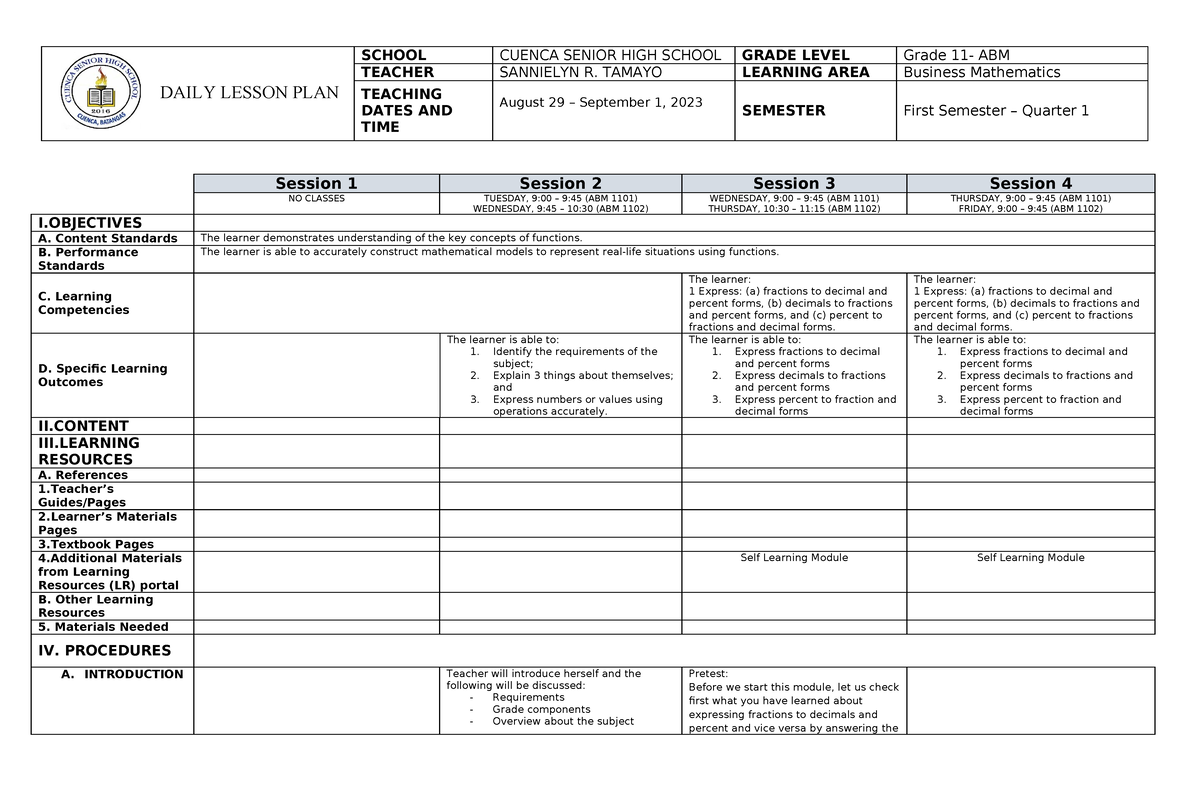 BM DLL Q1 Week 1 Intro Fraction - DAILY LESSON PLAN SCHOOL CUENCA ...