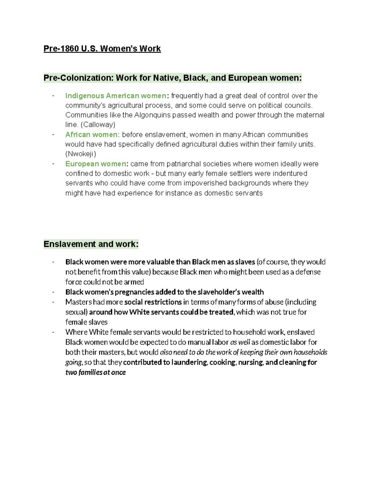 EN 335 Working Women in the US 1865-Pres. Week 1 Notes - Pre-1860 U ...