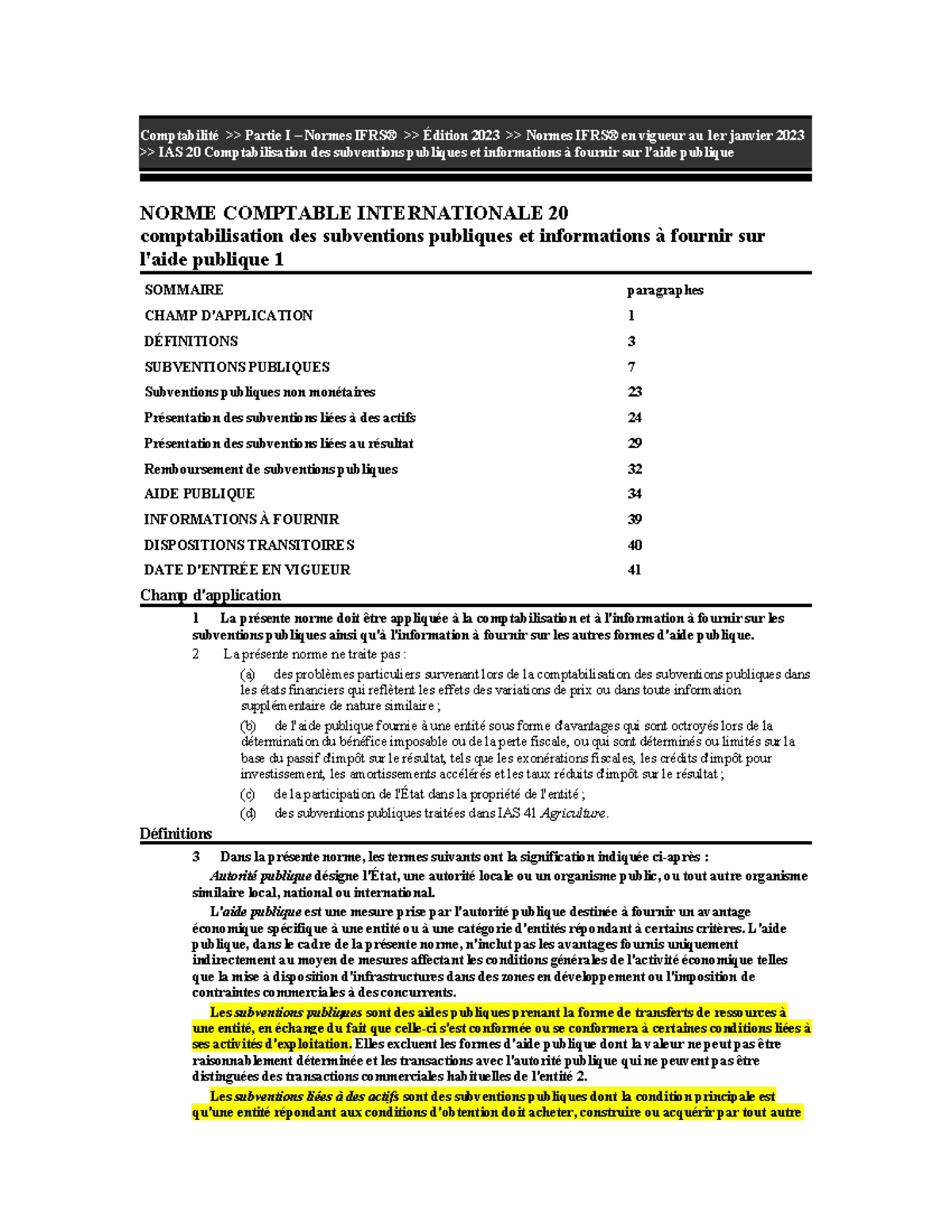 IAS 20 Comptabilisation des subventions publiques et informations à ...