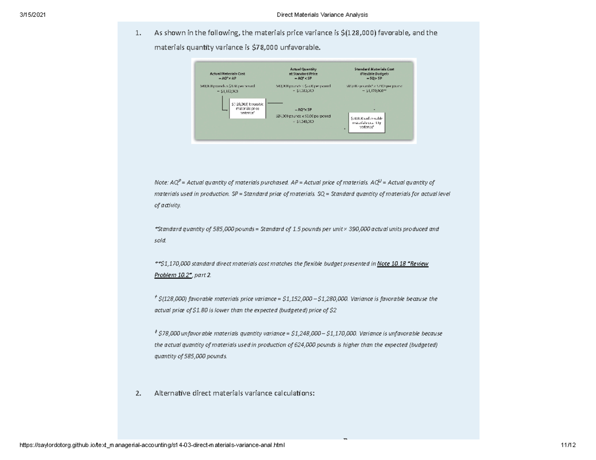 Direct Materials Variance Analysis - 3/15/2021 Direct Materials ...