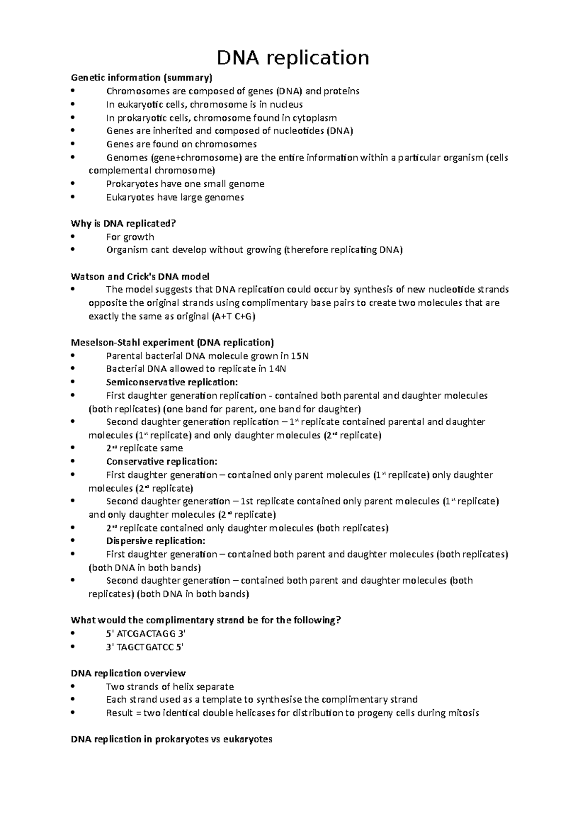 DNA replication cont - Lecture notes 10-11 - DNA replication Genetic ...