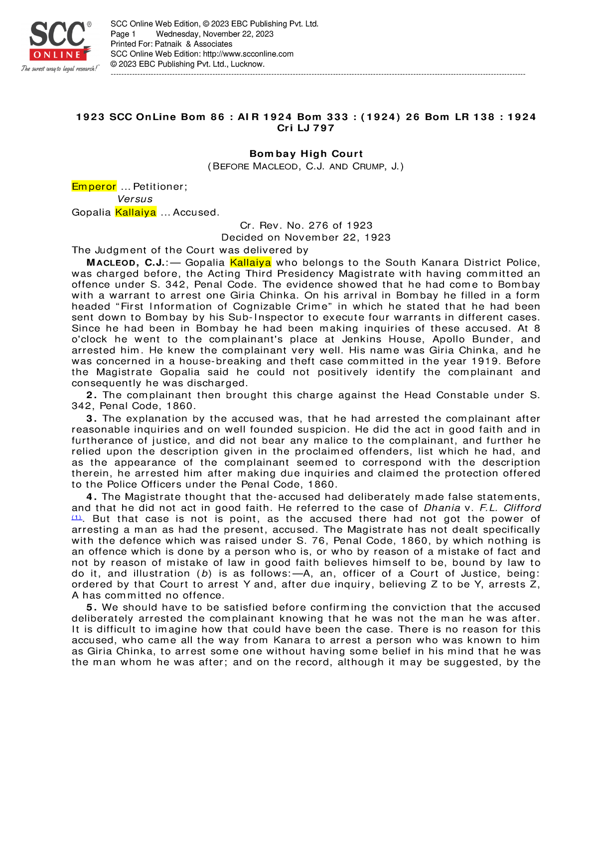 Gopalia Kallaiya CASE 1923 SCC OnLine Bom 86 AIR 1924 Bom 333