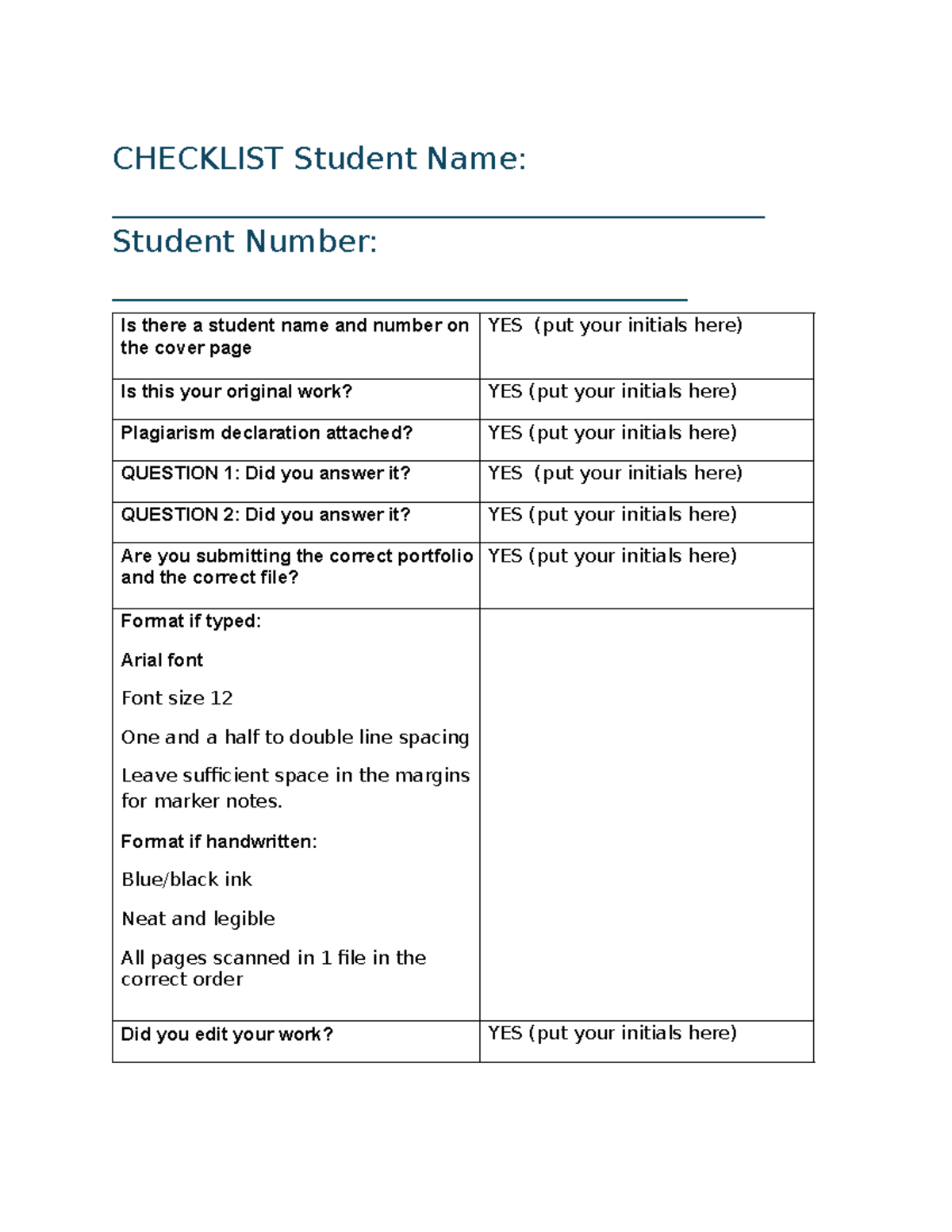 Checklist ENN1504 - CHECKLIST Student Name ...