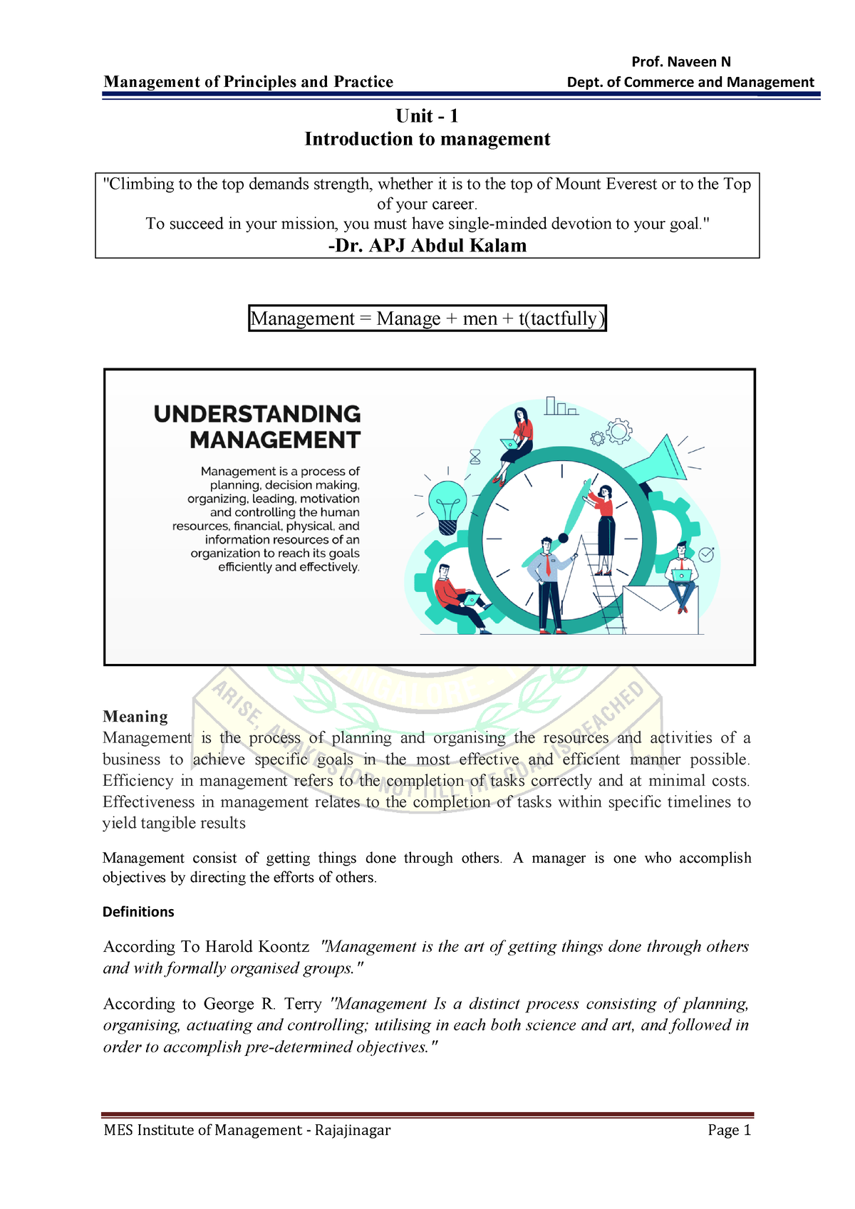 Unit - 1 Bcom Management - Management Of Principles And Practice Dept ...