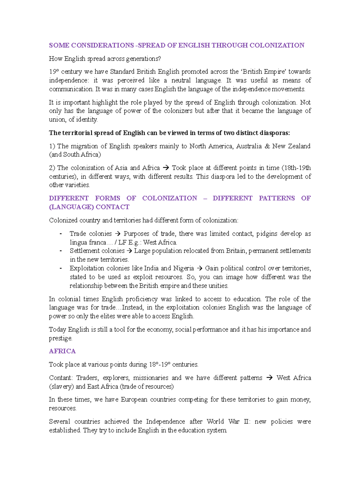 Inglese 13 marzo SOME CONSIDERATIONS SPREAD OF ENGLISH THROUGH COLONIZATION How English