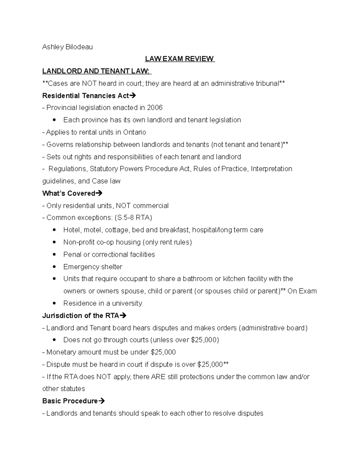 Law Final Exam Review 1 - Brief concise notes - Ashley Bilodeau LAW ...
