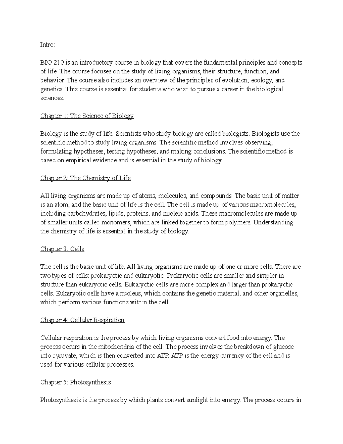 BIO 210 Notes - Summaries of Chapters 1-8 in BIO 210 - Intro: BIO 210 ...