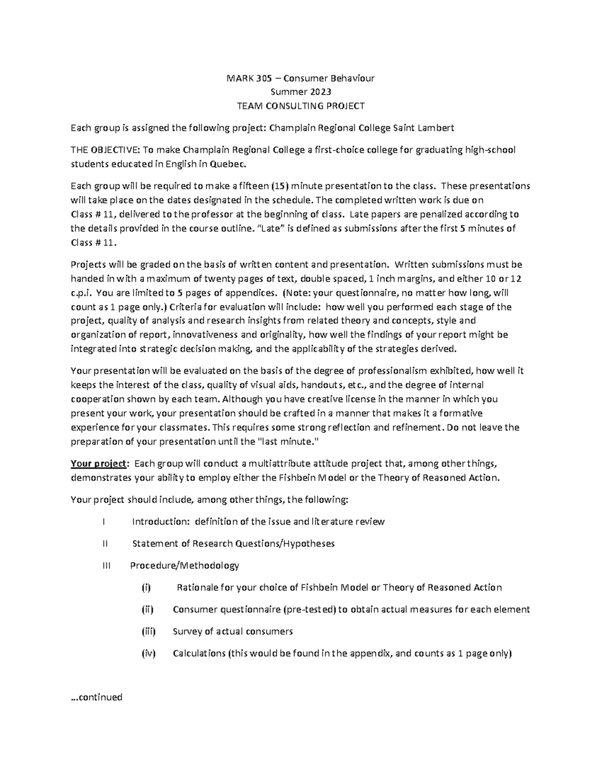 MARK 305 Summer 2023 Final Project - MARK 305 – Consumer Behaviour ...