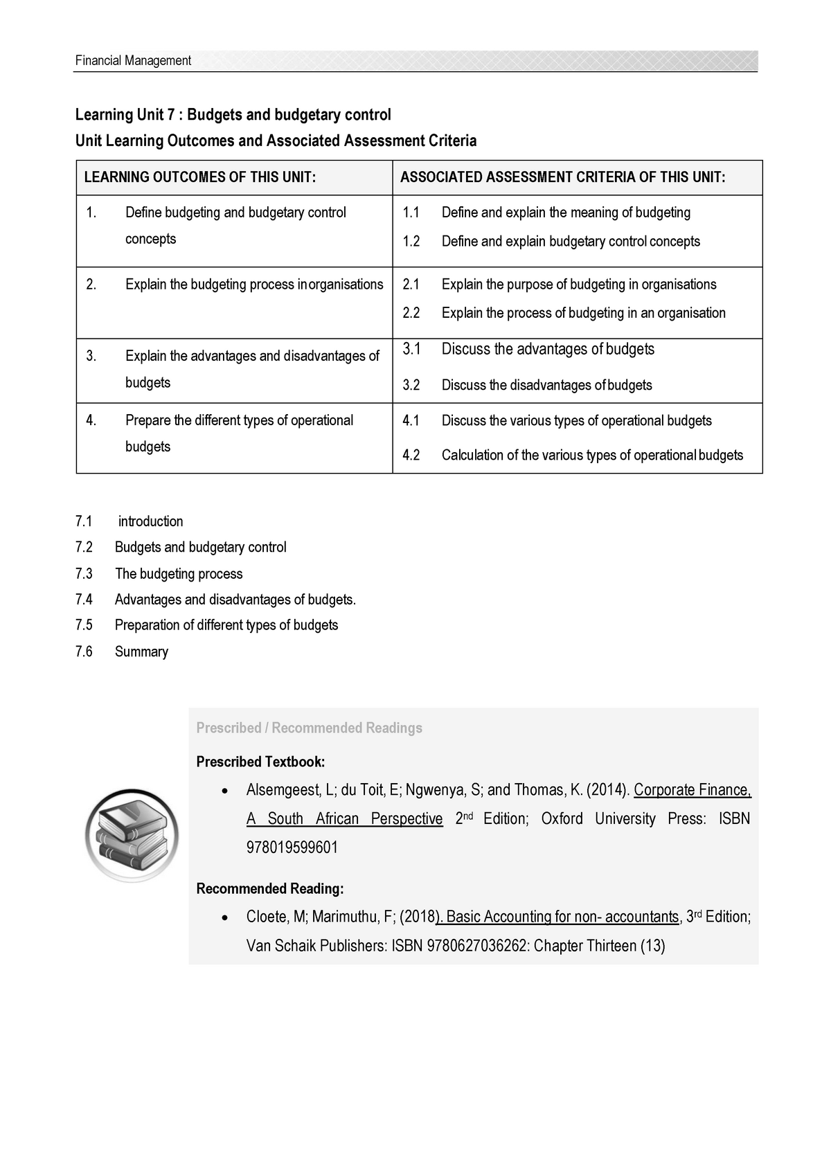 Learning Unit 7 Budgets And Budgetary Control Learning Unit 7