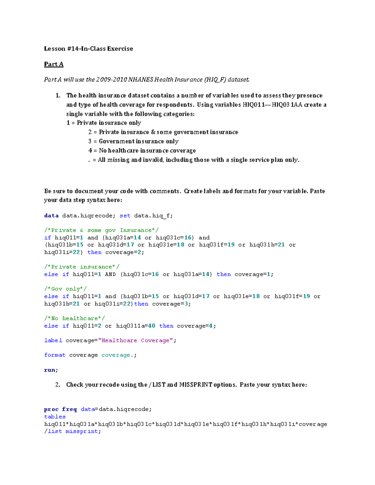 In Class Exercise #14 - Lesson #14-In-Class Exercise Part A Part A will ...