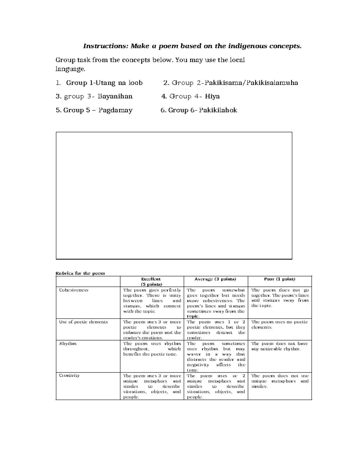 DISS group task 4th quarter - Instructions: Make a poem based on the ...
