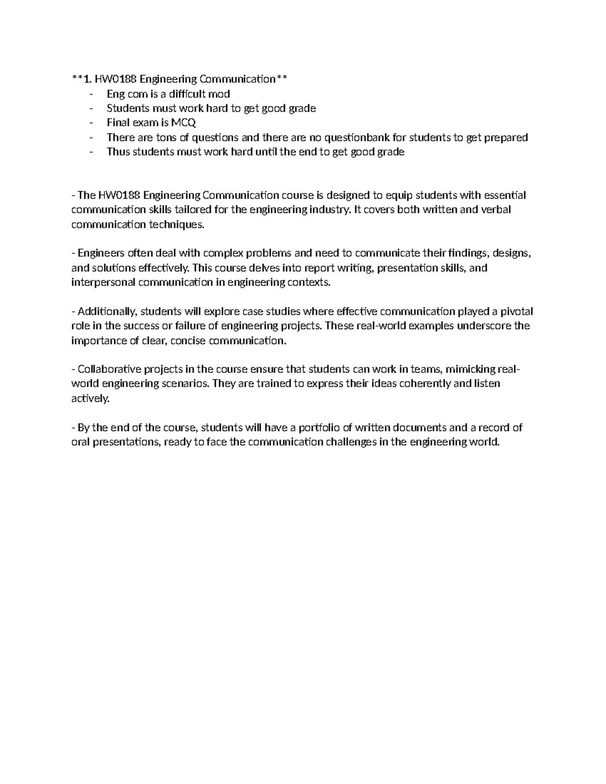 HW0188 Eng Com overview - 1. HW0188 Engineering Communication - Eng com ...