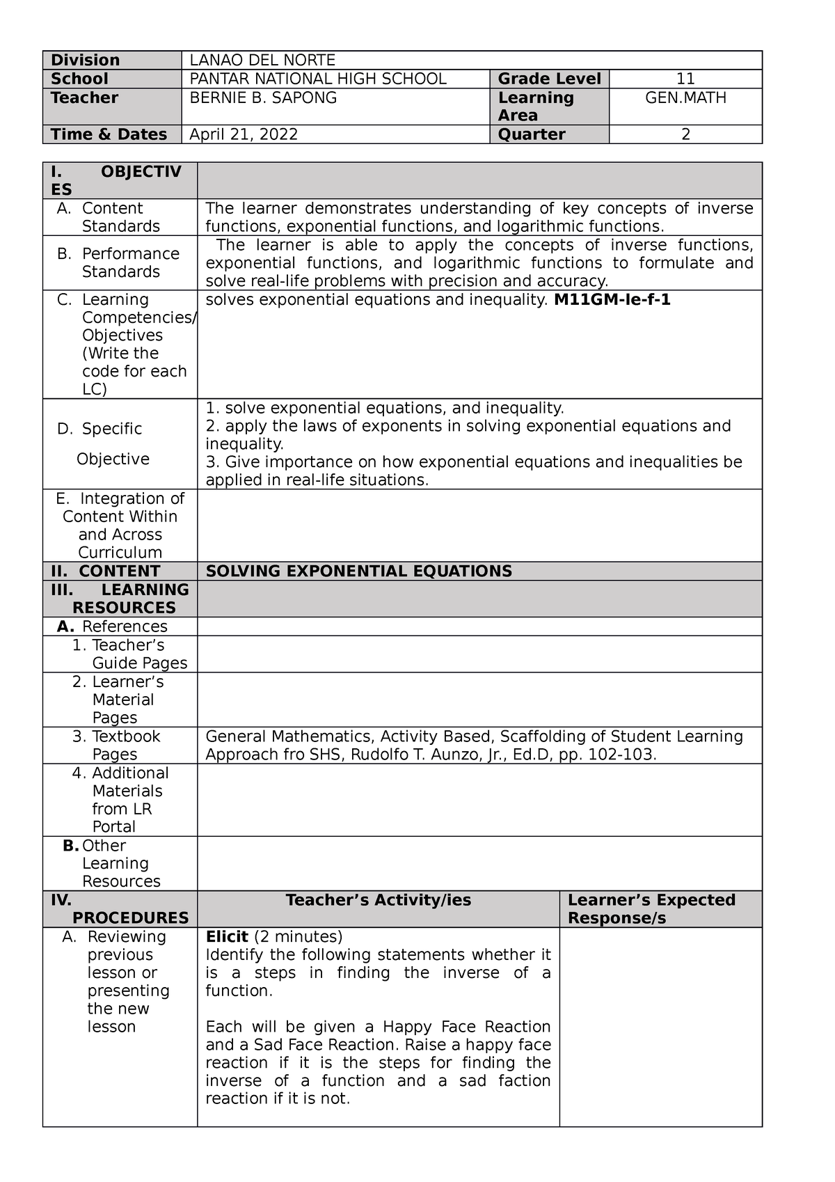 General Mathematics DLP 2 - Division LANAO DEL NORTE School PANTAR ...