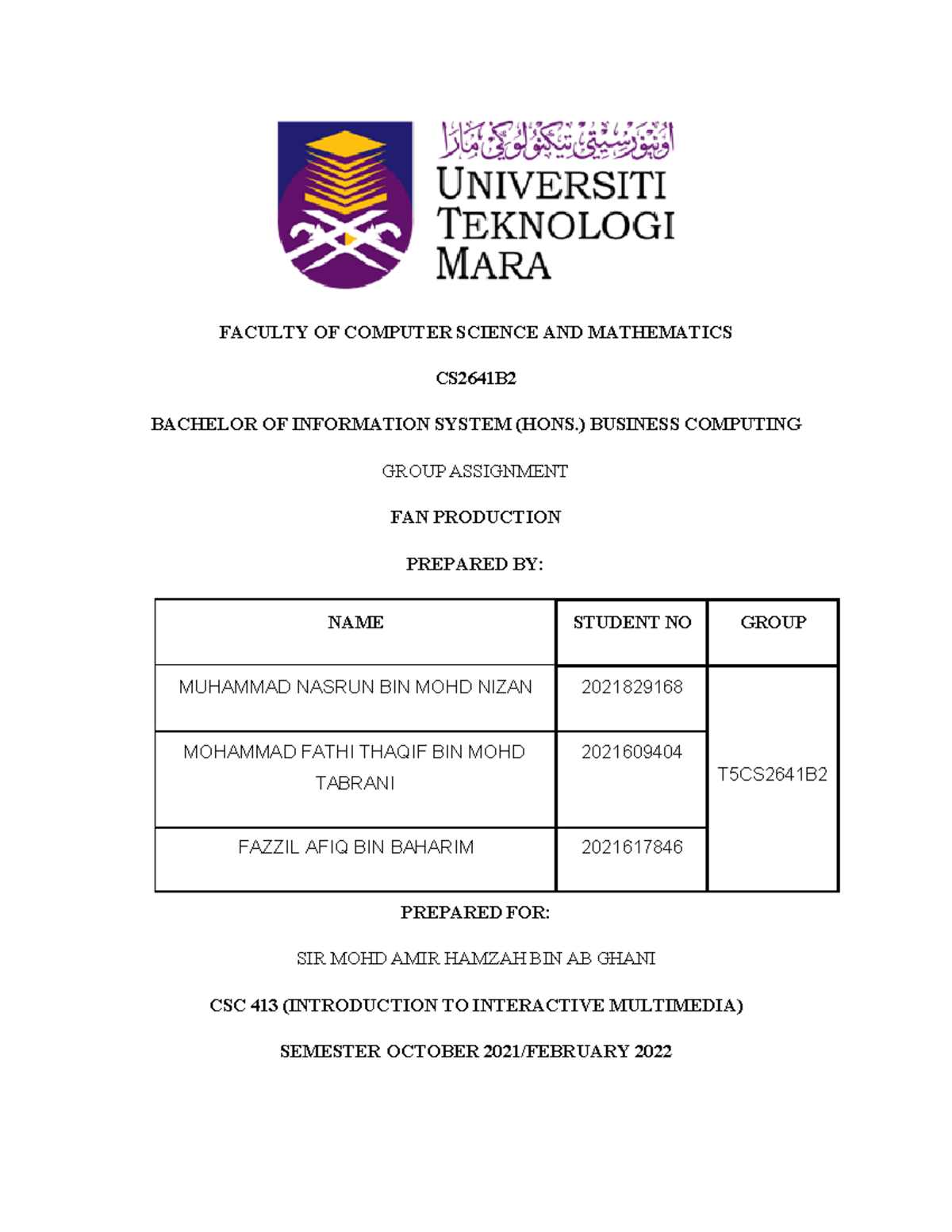 Proposal Fan Production CSC413 - FACULTY OF COMPUTER SCIENCE AND ...