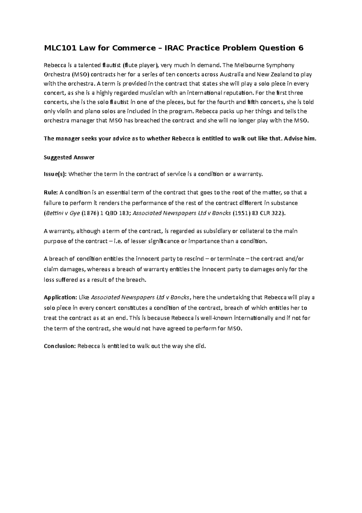 MLC101 IRAC Practice problem question 6 - suggested answer - MLC101 Law ...