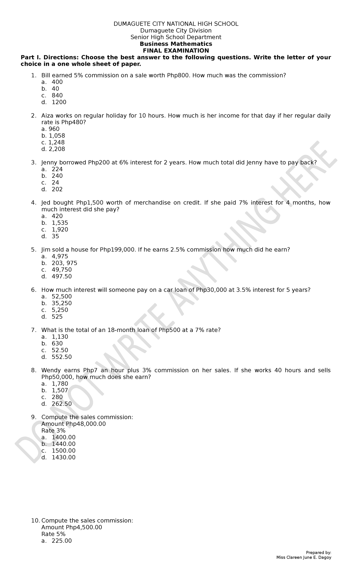 Business Mathematics - Final Examination - Dumaguete City Division ...