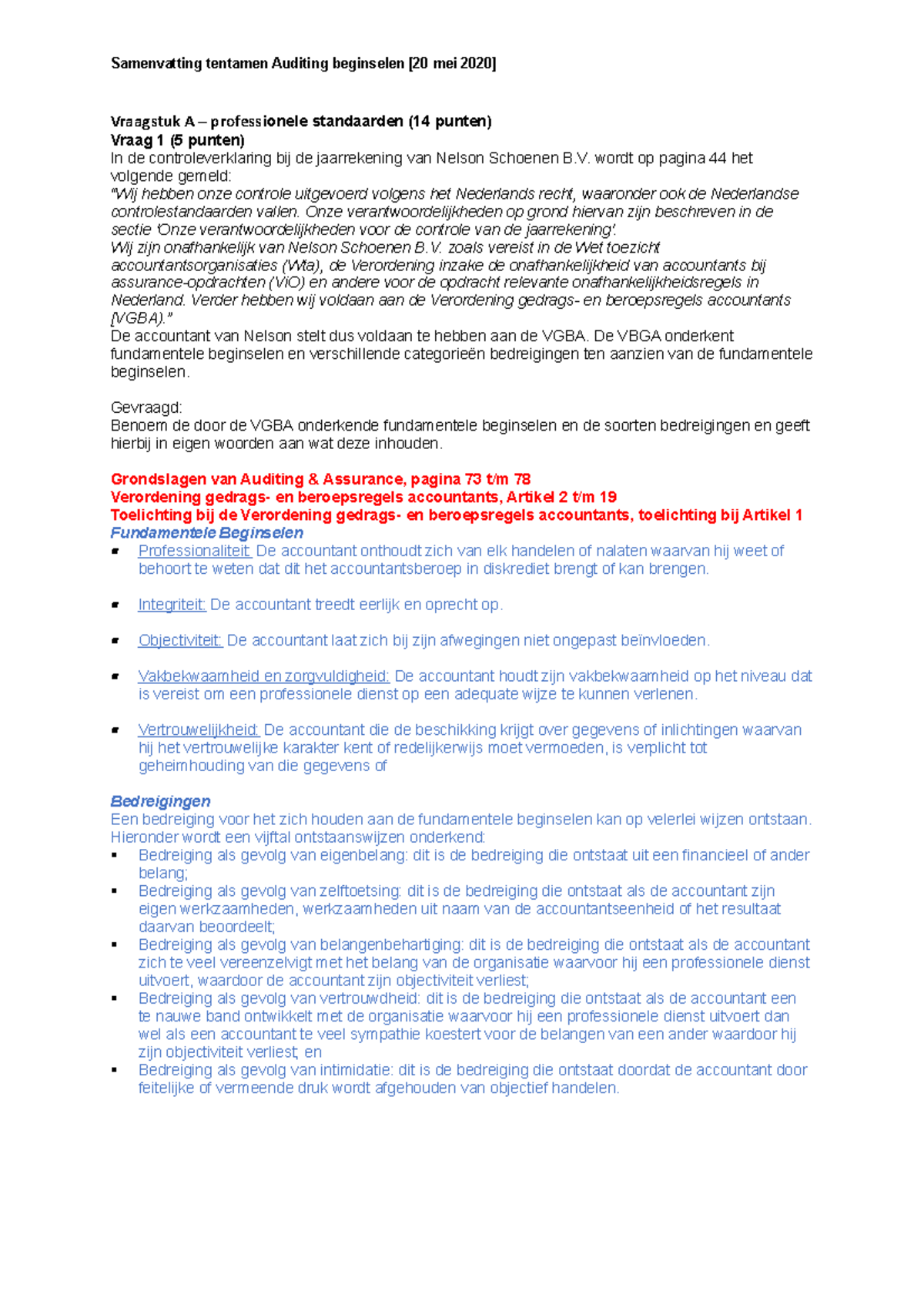 Samenvatting Tentamen Auditing Beginselen [20 Mei 2020] - Vraagstuk A ...