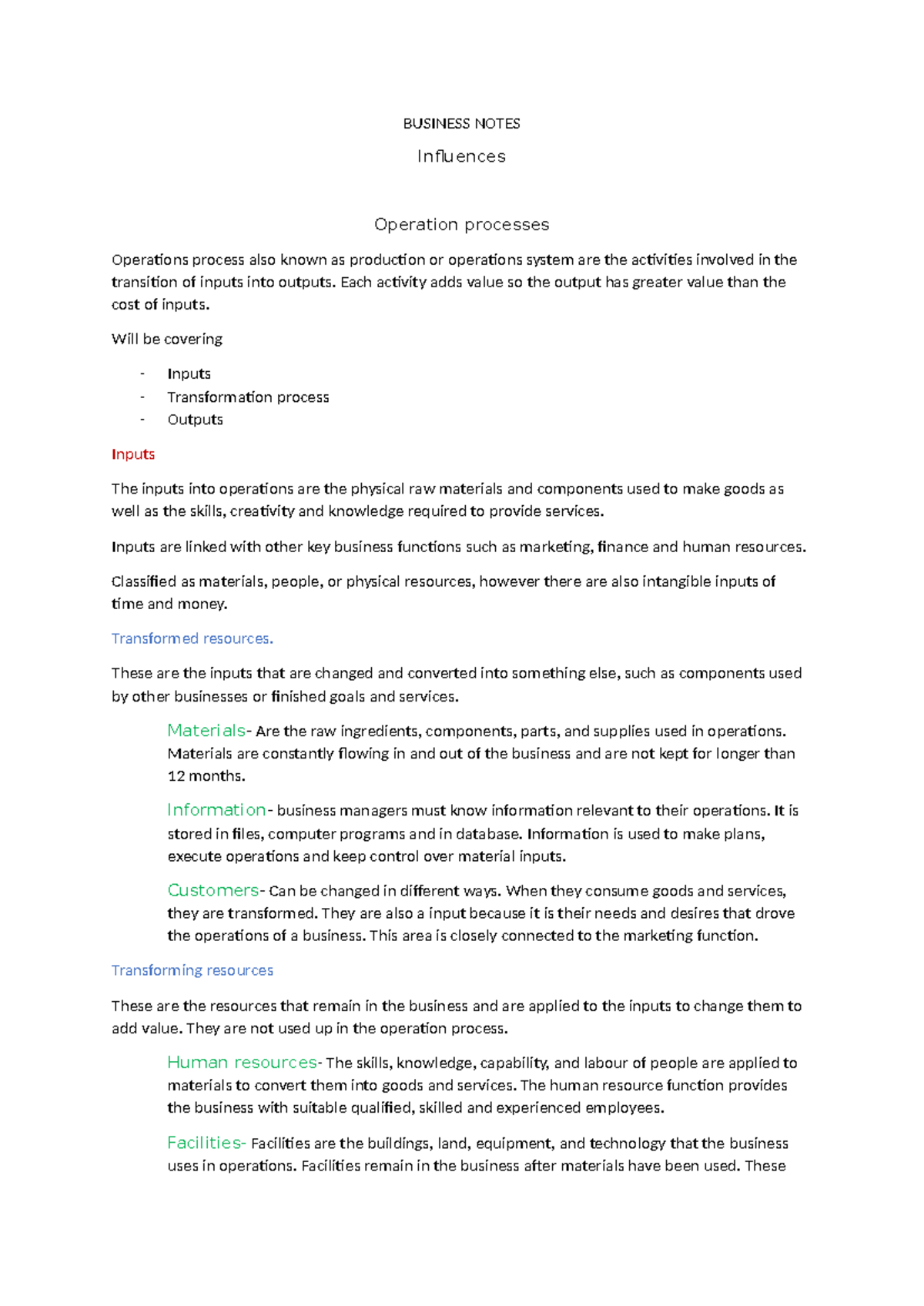 Business Notes- Operations - BUSINESS NOTES Influences Operation ...
