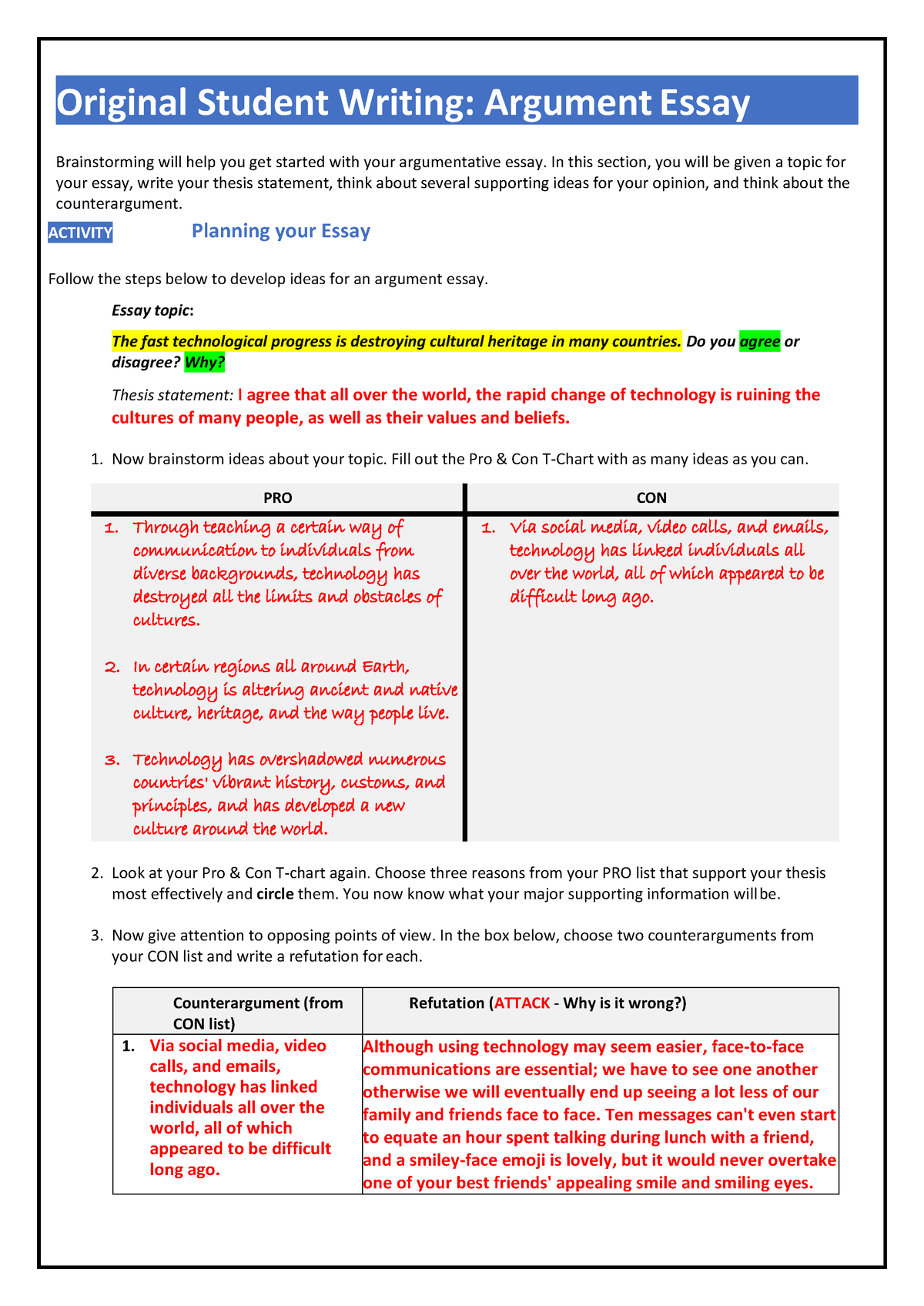 original student writing argument essay answer key