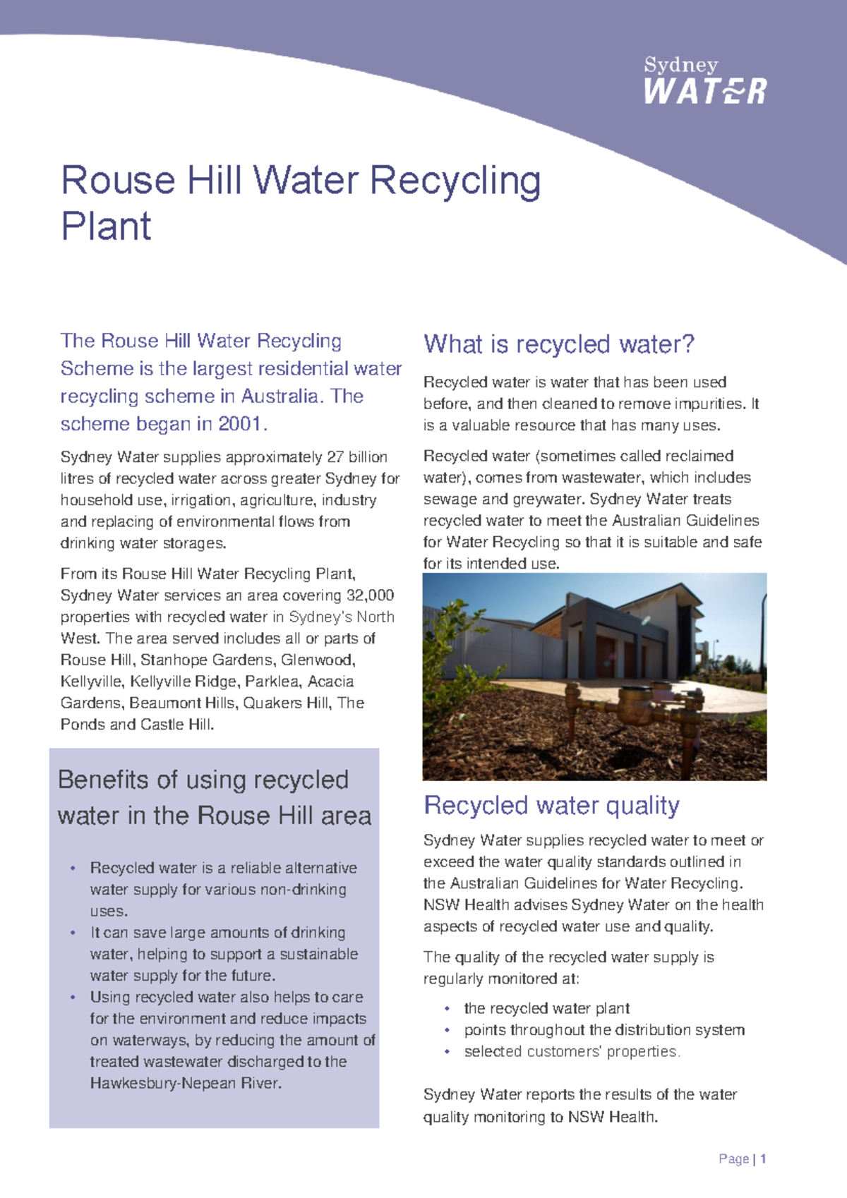 Case Study 1 Rouse Hills WRP Overview Rouse Hill Water Recycling