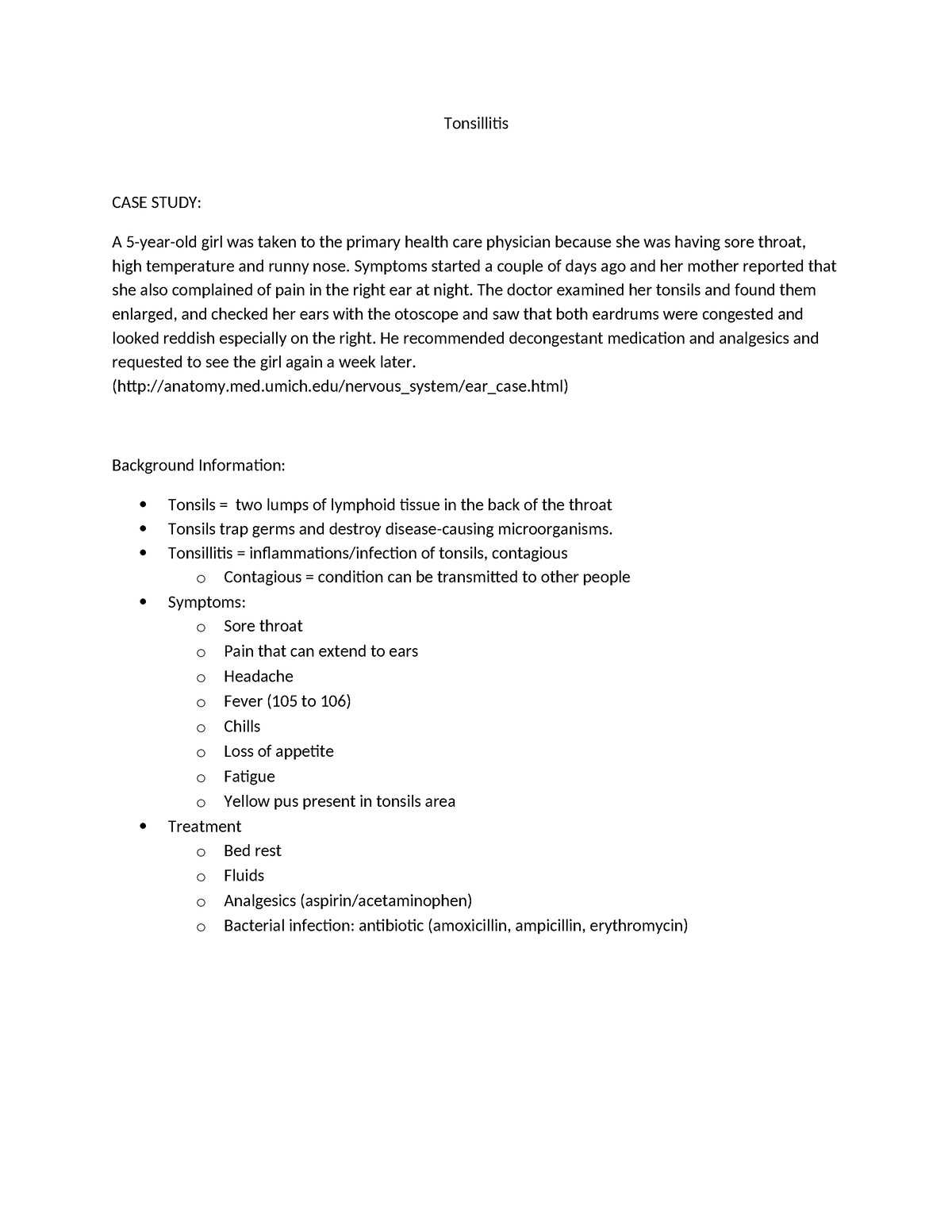 a case study on tonsillitis