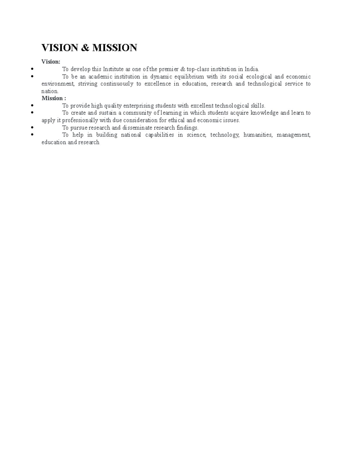 Institute Vision and mission - VISION & MISSION Vision: To develop this ...