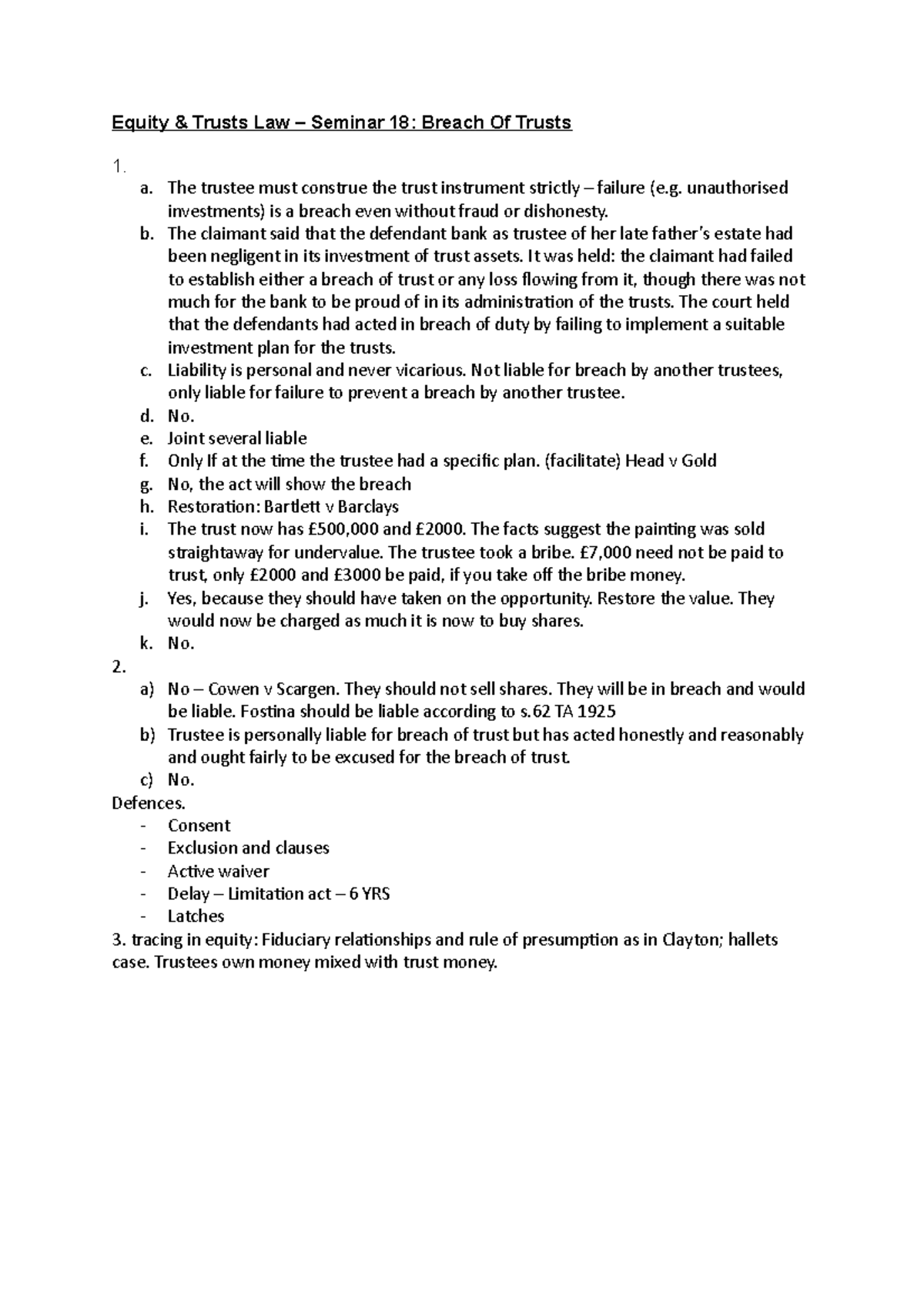 S18 - Seminar Work - Equity & Trusts Law – Seminar 18: Breach Of Trusts ...