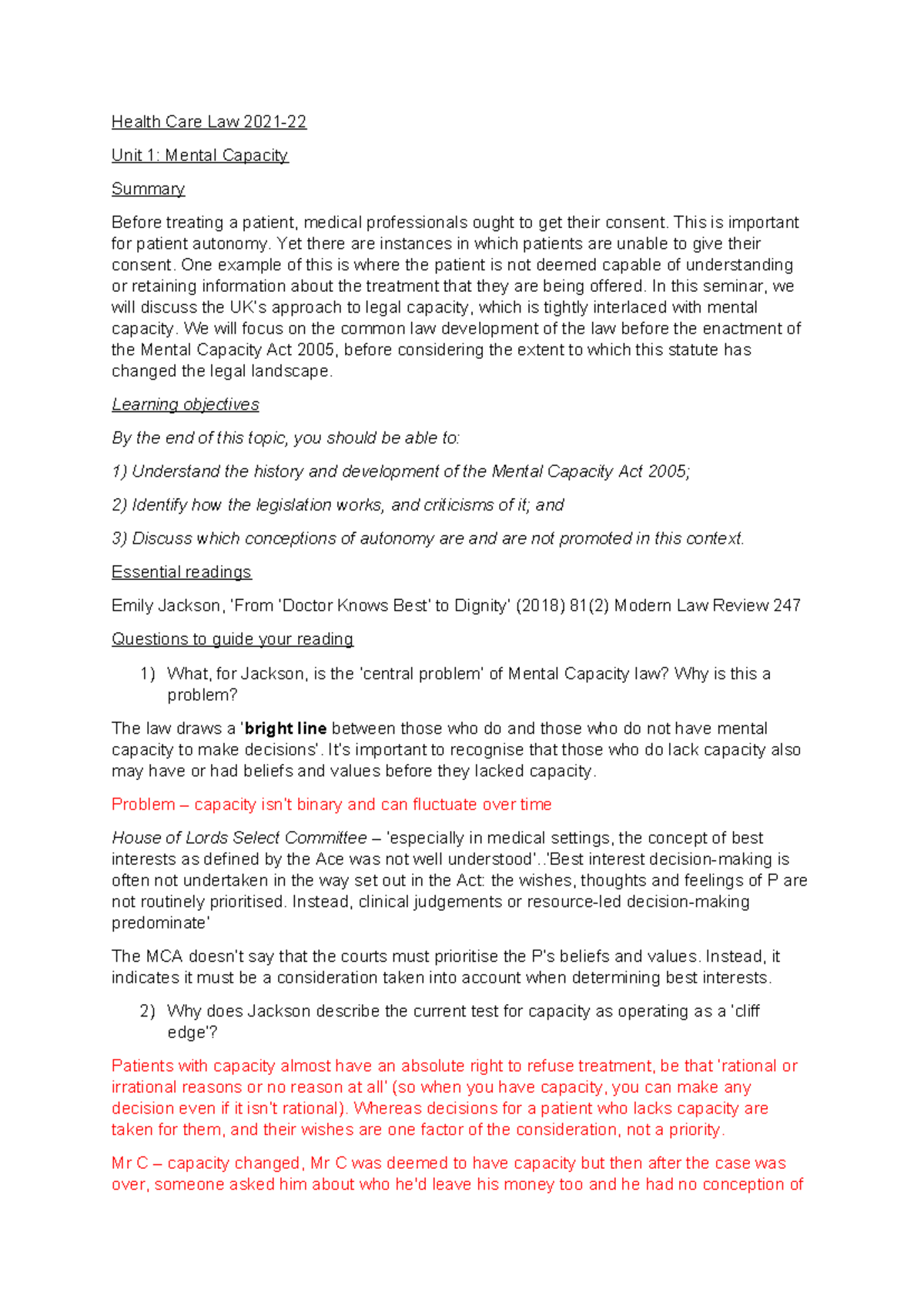 Unit 1 seminar - Health Care Law 2021- Unit 1: Mental Capacity Summary ...