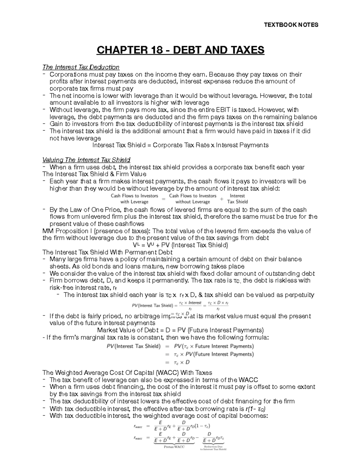 Chapter 18 textbook notes TEXTBOOK NOTES CHAPTER 18 DEBT AND TAXES The Interest Tax