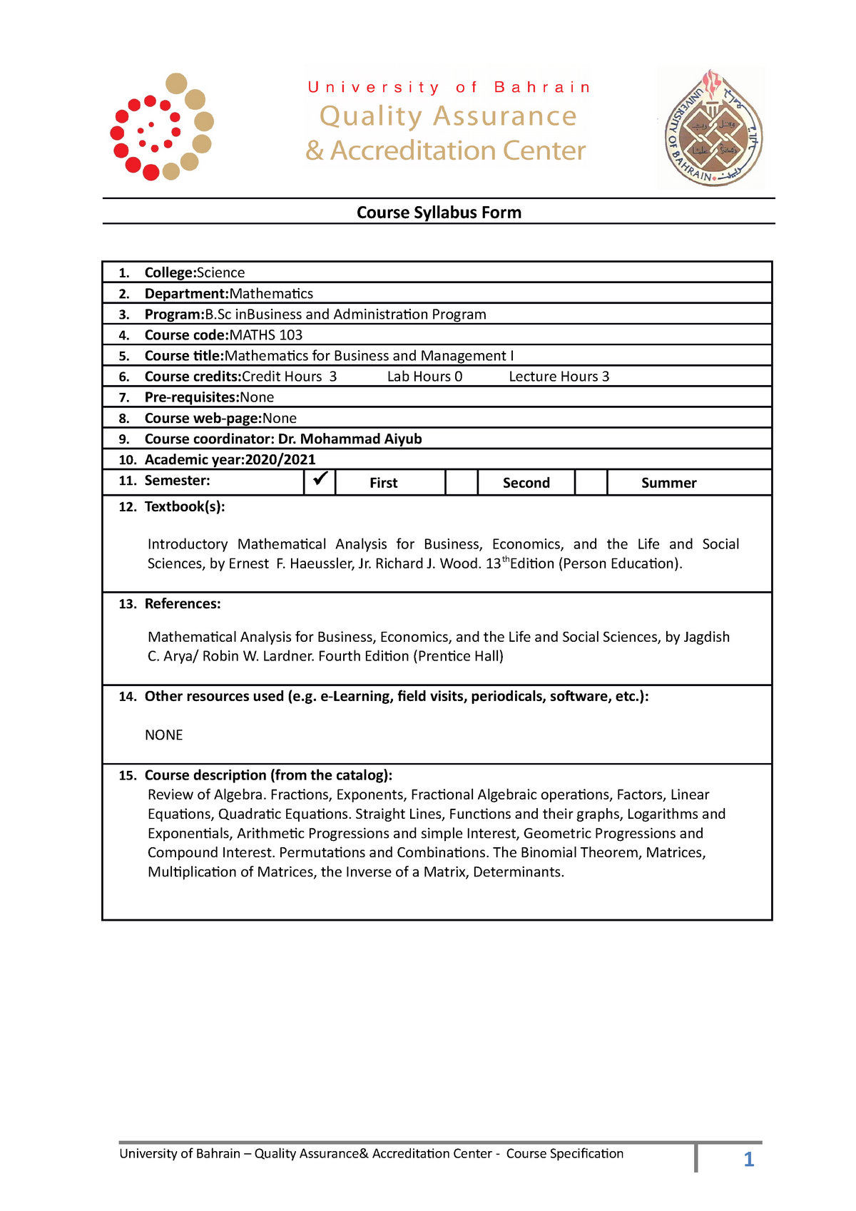 Maths 103 Course Outline 20 21 Course Syllabus Form College Science Department Mathematics Studocu