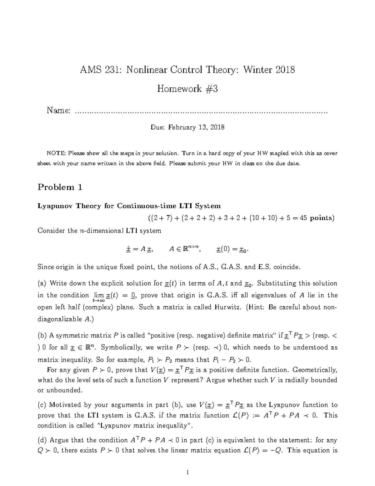 Winter 18 Ams231 Hw3 0 Ams 231 Nonlinear Control Theory Ucsc Studocu