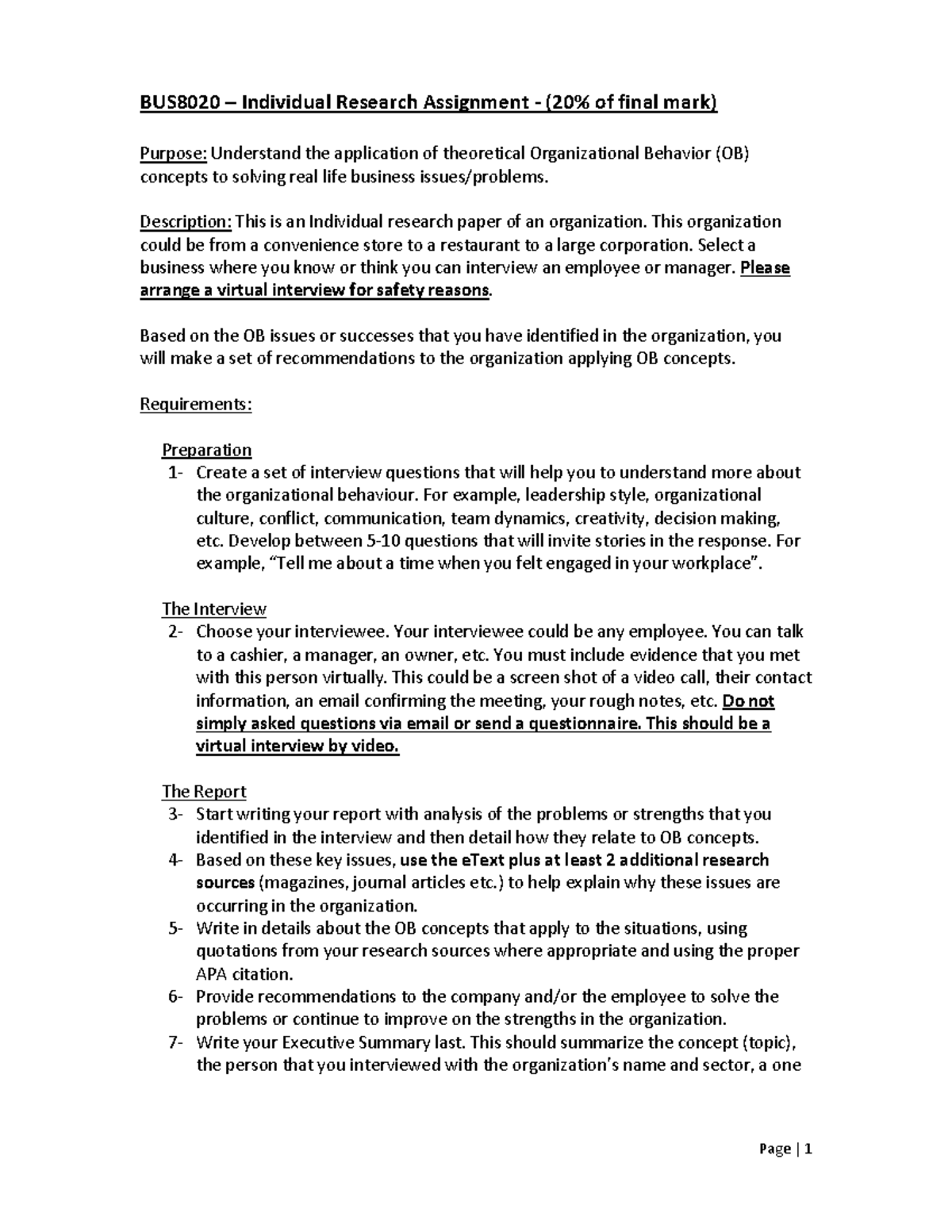 Research Paper Assignment Requirements BUS8020 - Page | 1 BUS8020 ...