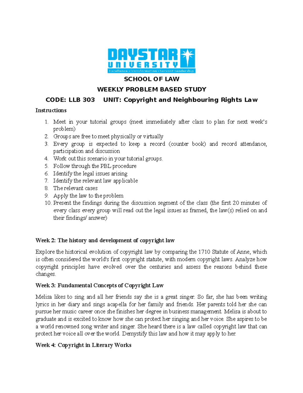 LLB 303 Weekly Problems - SCHOOL OF LAW WEEKLY PROBLEM BASED STUDY CODE ...