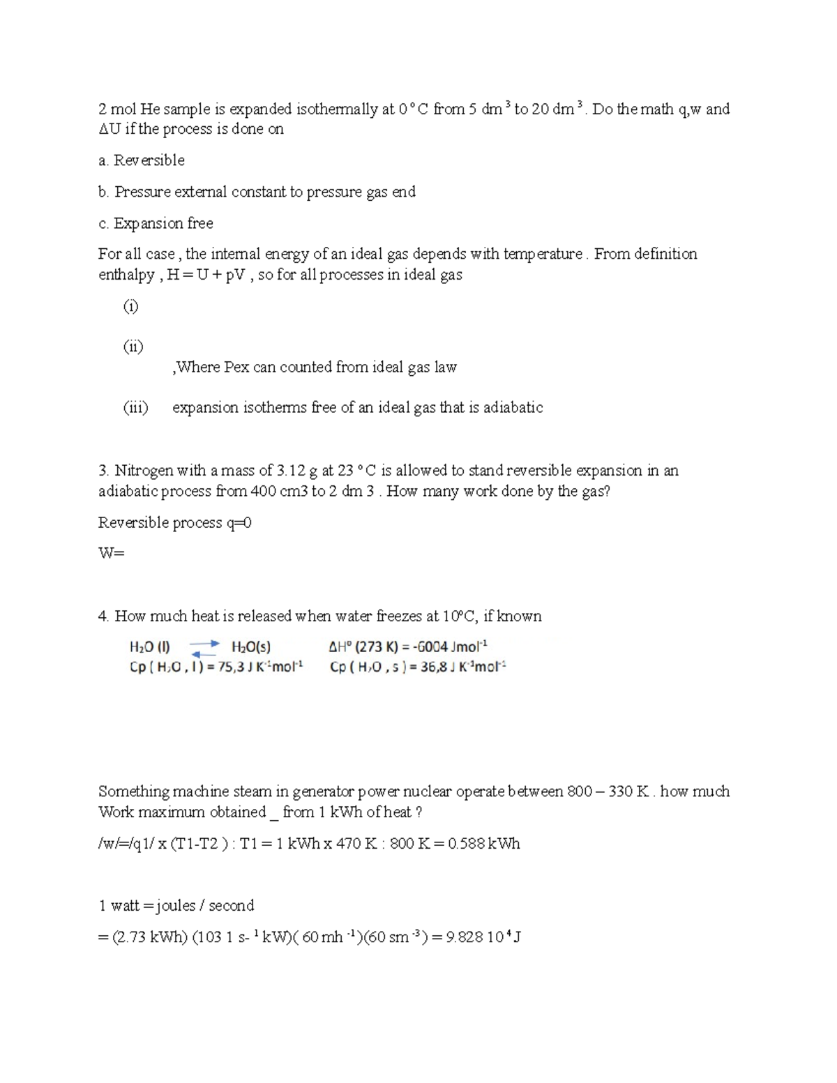 Thermodynamics quiz and answer - 2 mol He sample is expanded ...