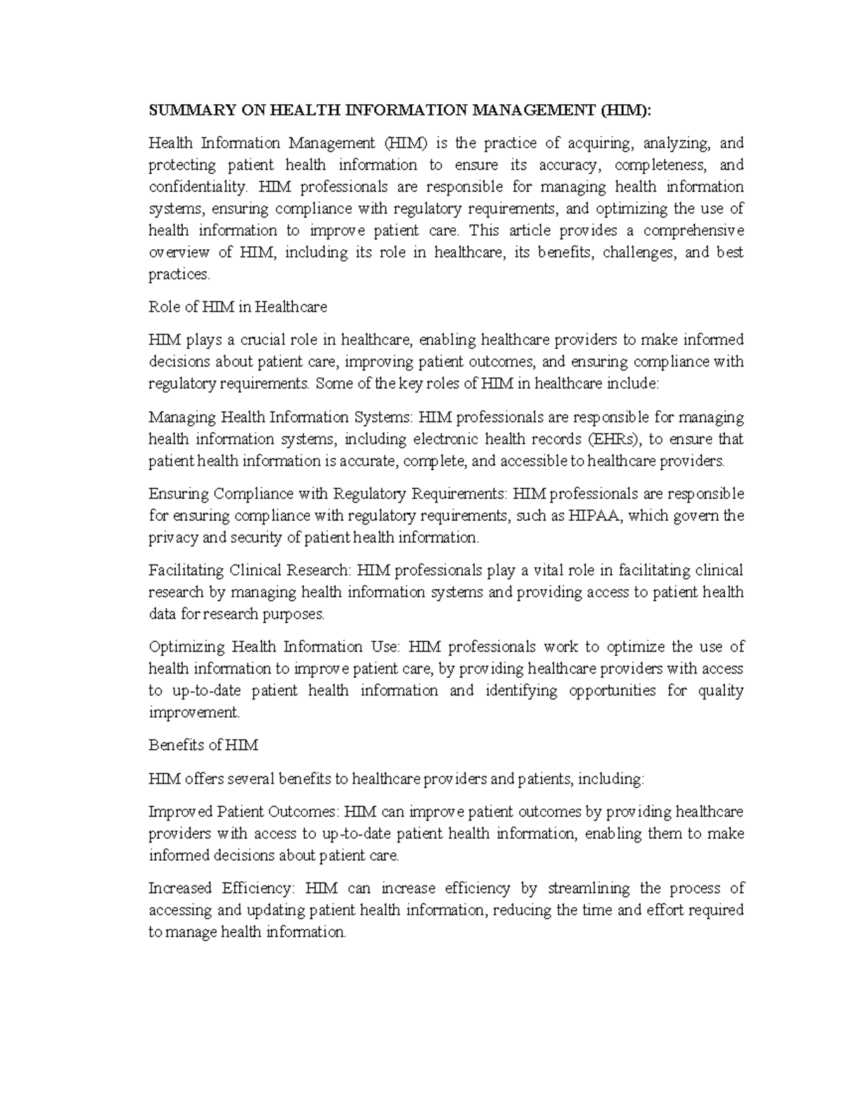 Summary ON Health Information Management (HIM) - SUMMARY ON HEALTH ...