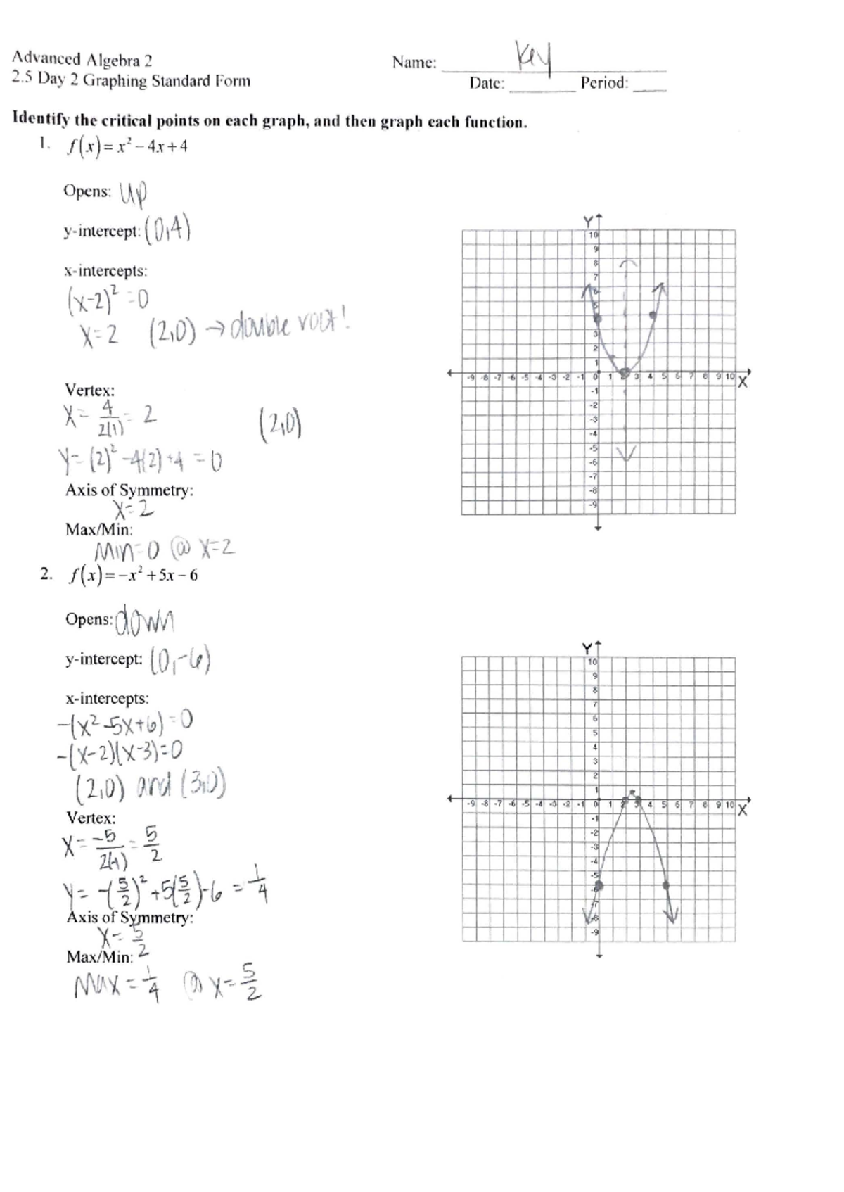 3.1 D2 Graph Practice KEY - Advanced Algebra 2 2 Day 2 Gra ph ing Sta ...