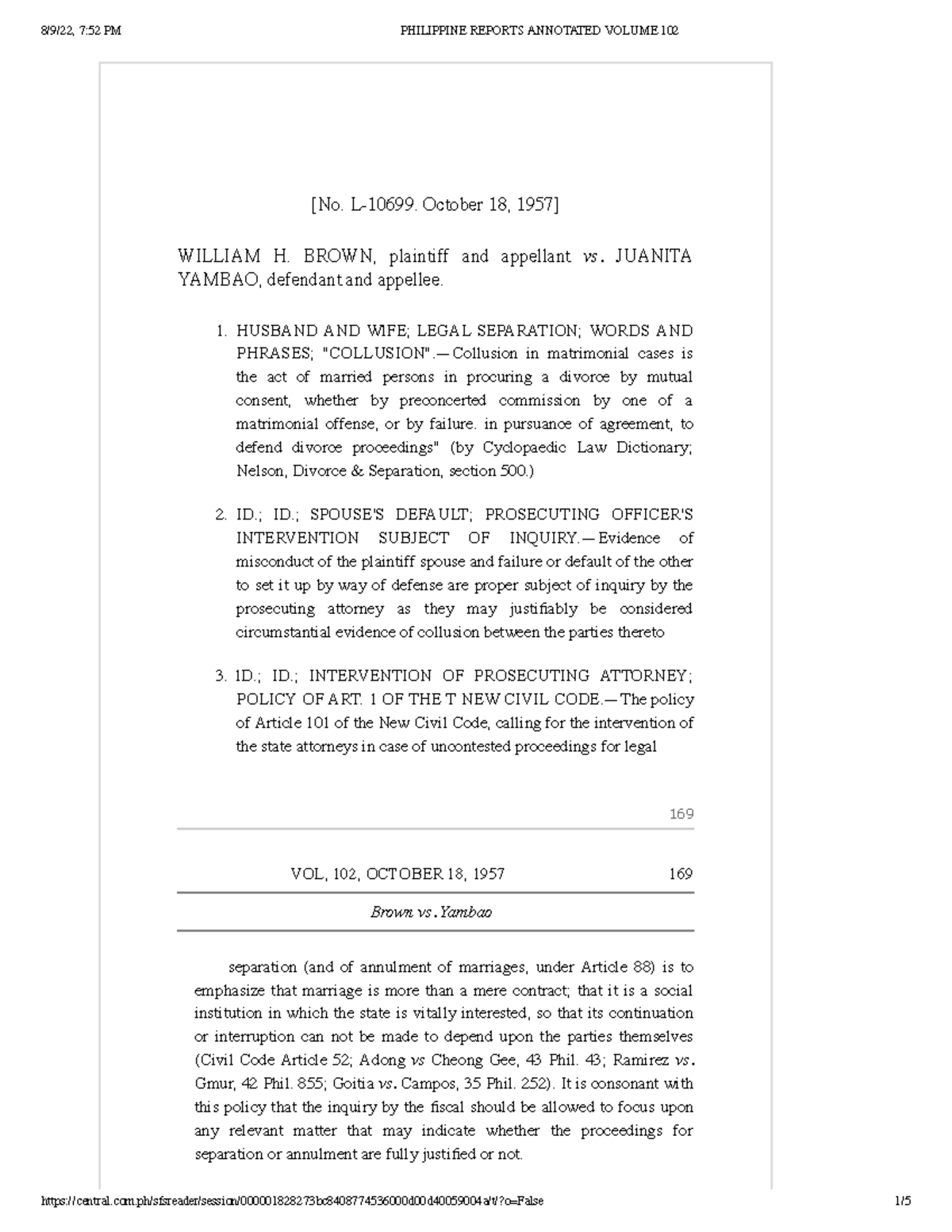 Brown vs. Yambao [No. L10699. October 18, 1957] WILLIAM H. BROWN