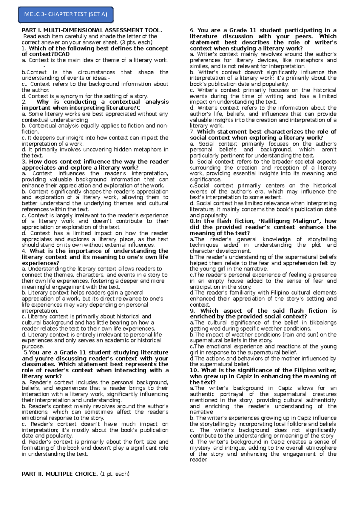 Melc 3 chapter test SET A - PART I. MULTI-DIMENSIONAL ASSESSMENT TOOL ...