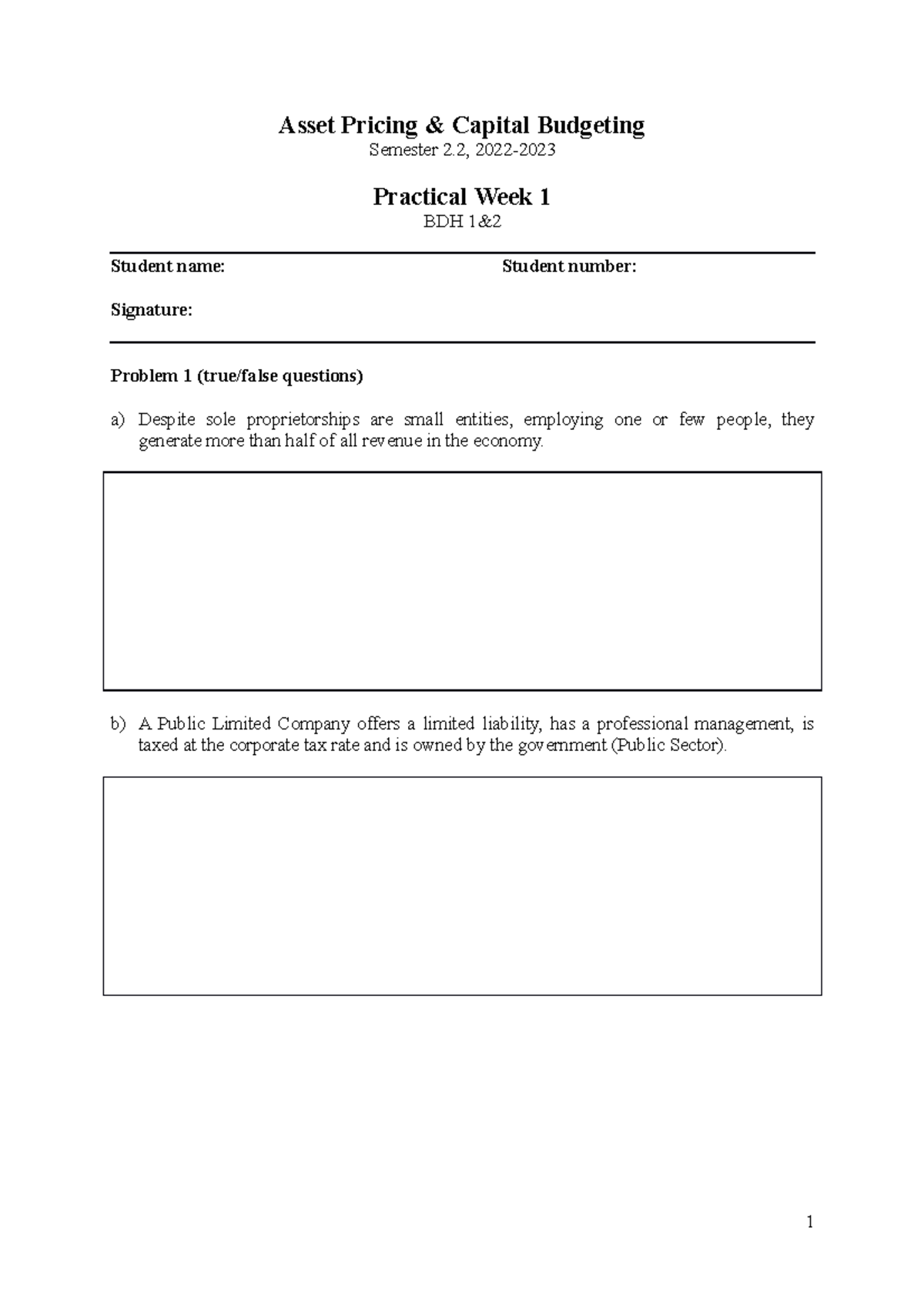 Week 1 - Practical exercises week 1 - Asset Pricing & Capital Budgeting ...