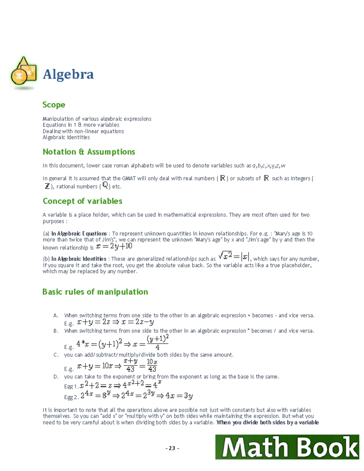 Concept Algebra Linear and Quadratic Equations EMBA Business Math 23 GMAT Club Math Book