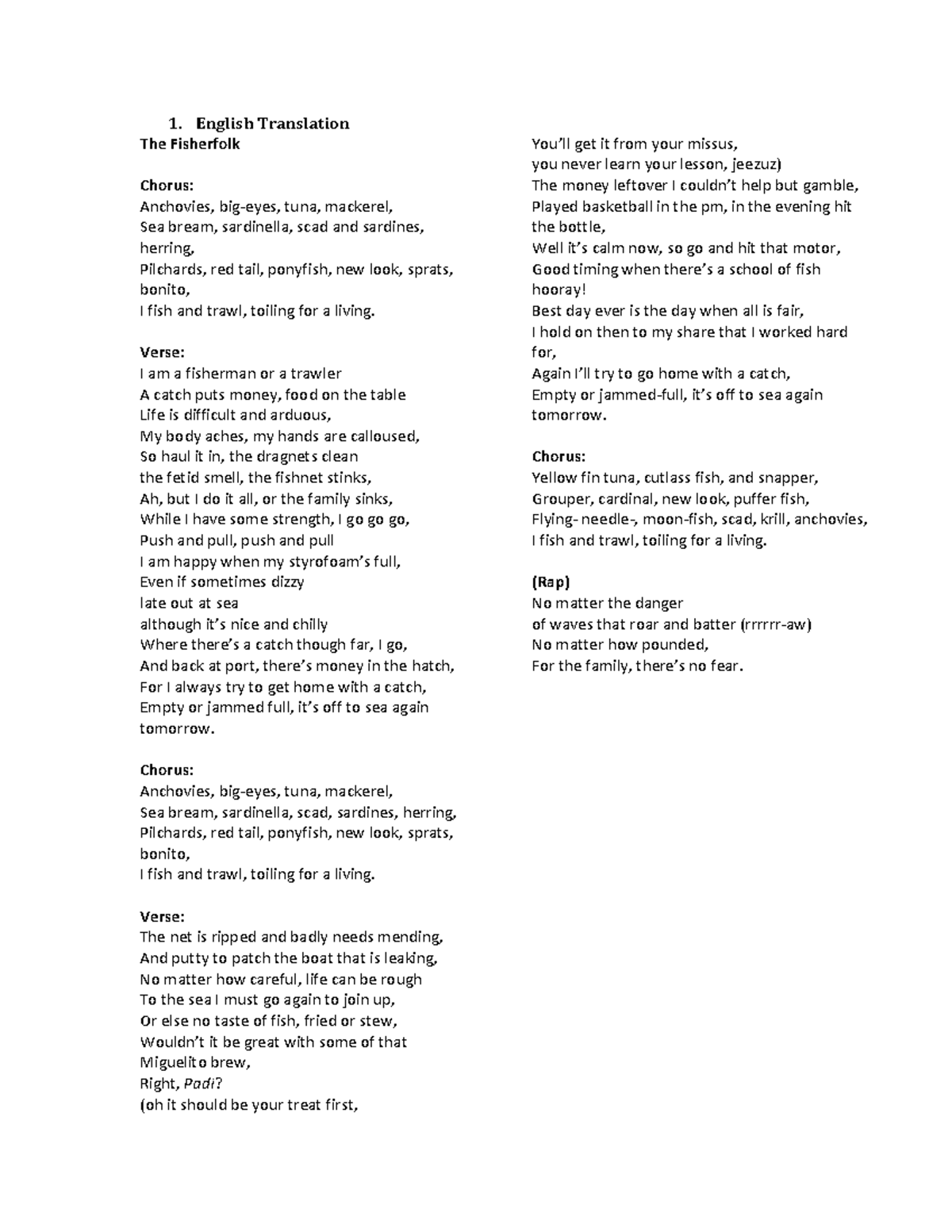 Paralawod in English English Translation The Fisherfolk Chorus