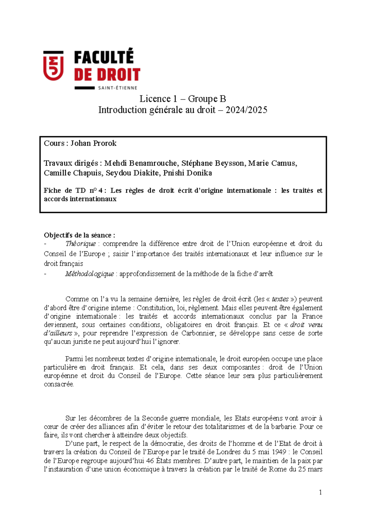 Fiche de TD n° 4 - COURS DE PROROK JOHAN - Licence 1 – Groupe B ...