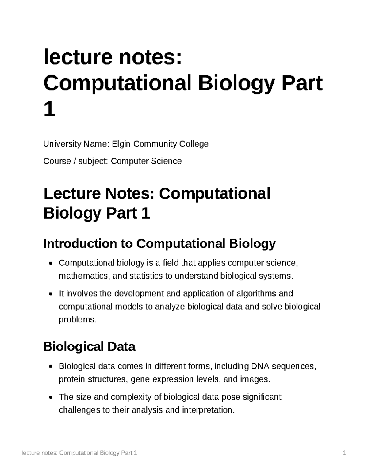 Lecture Notes Computational Biology Part 1 - Lecture Notes ...