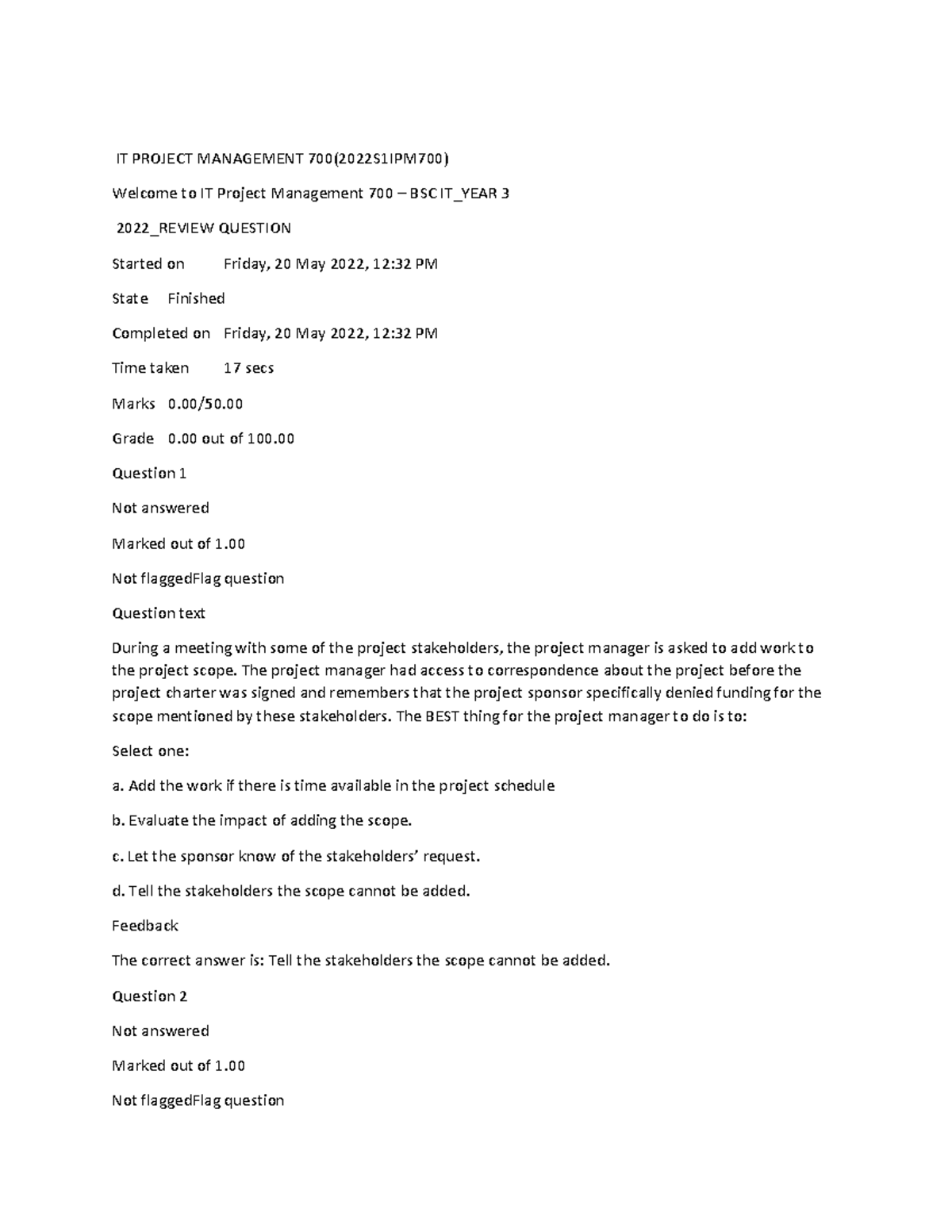 Document - review questions - IT PROJECT MANAGEMENT 700(2022S1IPM700 ...