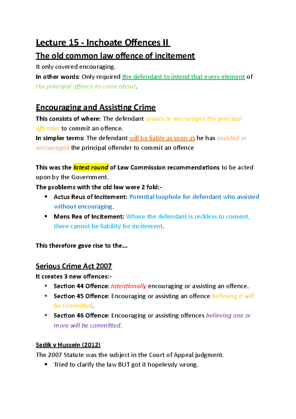Lecture 15 Inchoate Offences II In other words Only required the