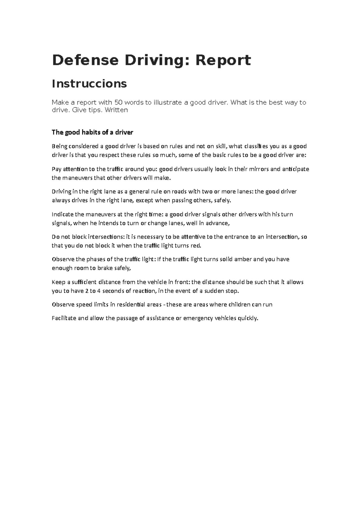 Defense Driving - apunte - Defense Driving: Report Instruccions Make a ...