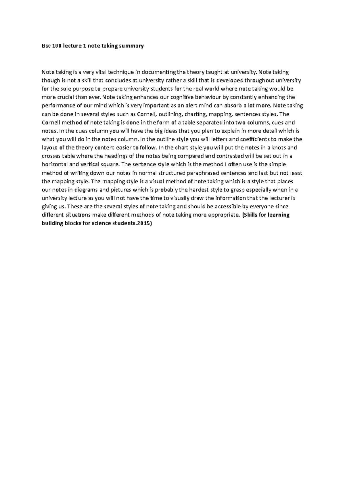 Bsc 100 lecture 1 note taking summary - Bsc 100 lecture 1 note taking ...
