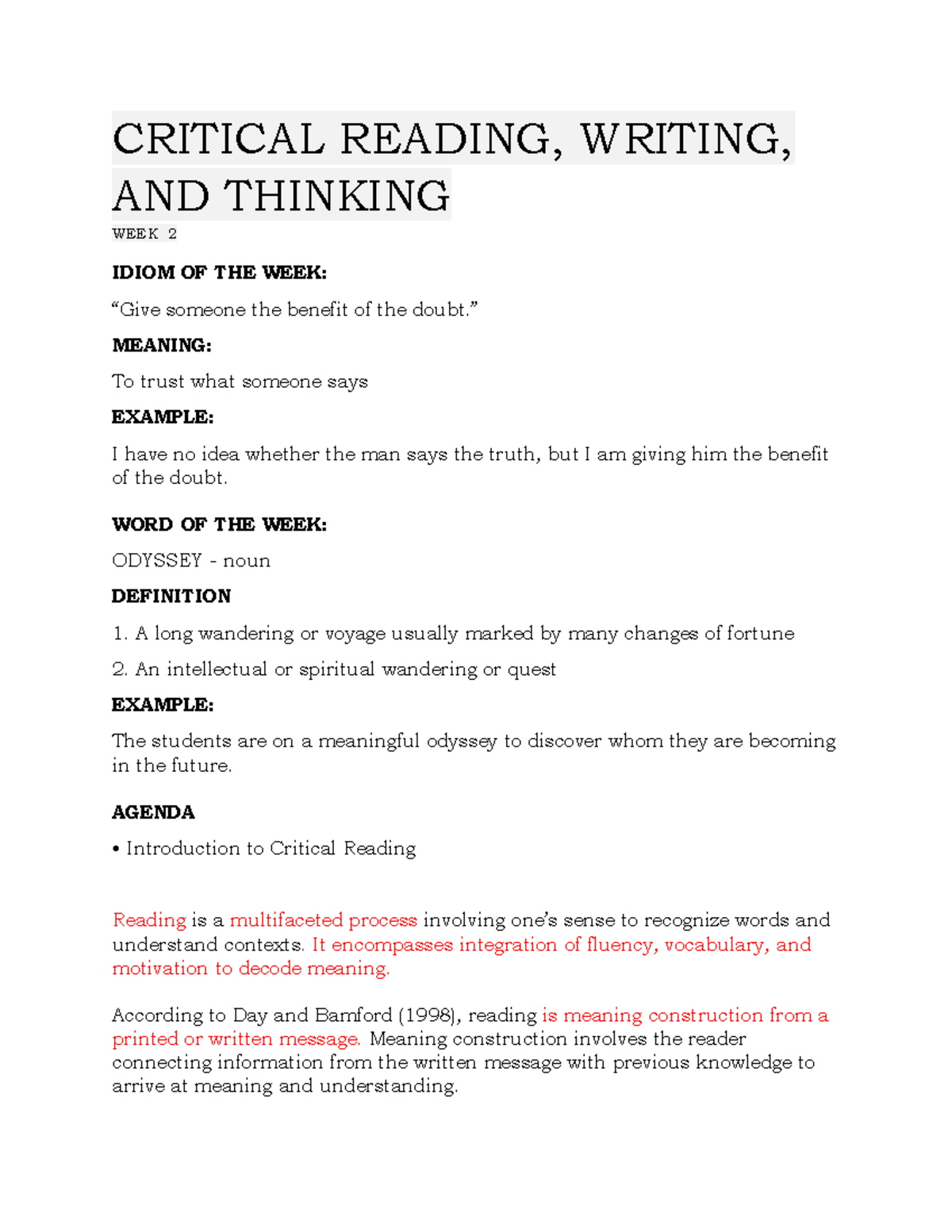 Lesson 1 Paramount CRITICAL READING, WRITING, AND THINKING WEEK 2